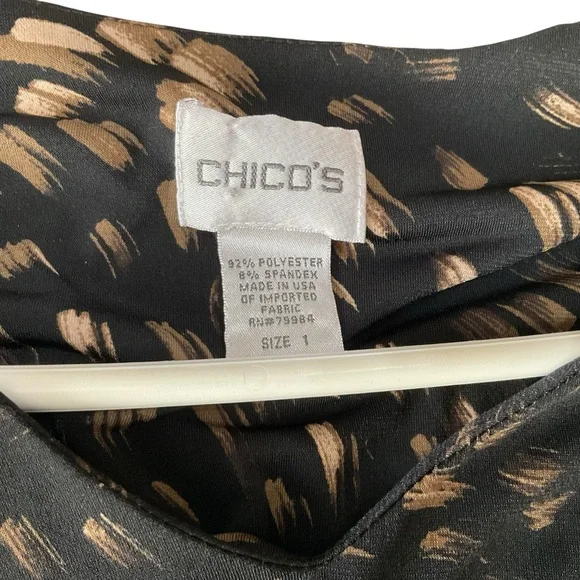 Chico’s Size 1 Black Abstract Print Long Sleeve V-Neck Stretch Top - Picture 7 of 10